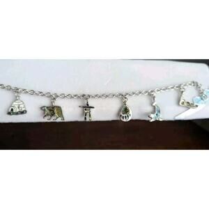 Vtg Storrs Glacier Pearl Abalone Animal Charm Bracelet Alaska Bear Igloo Silver